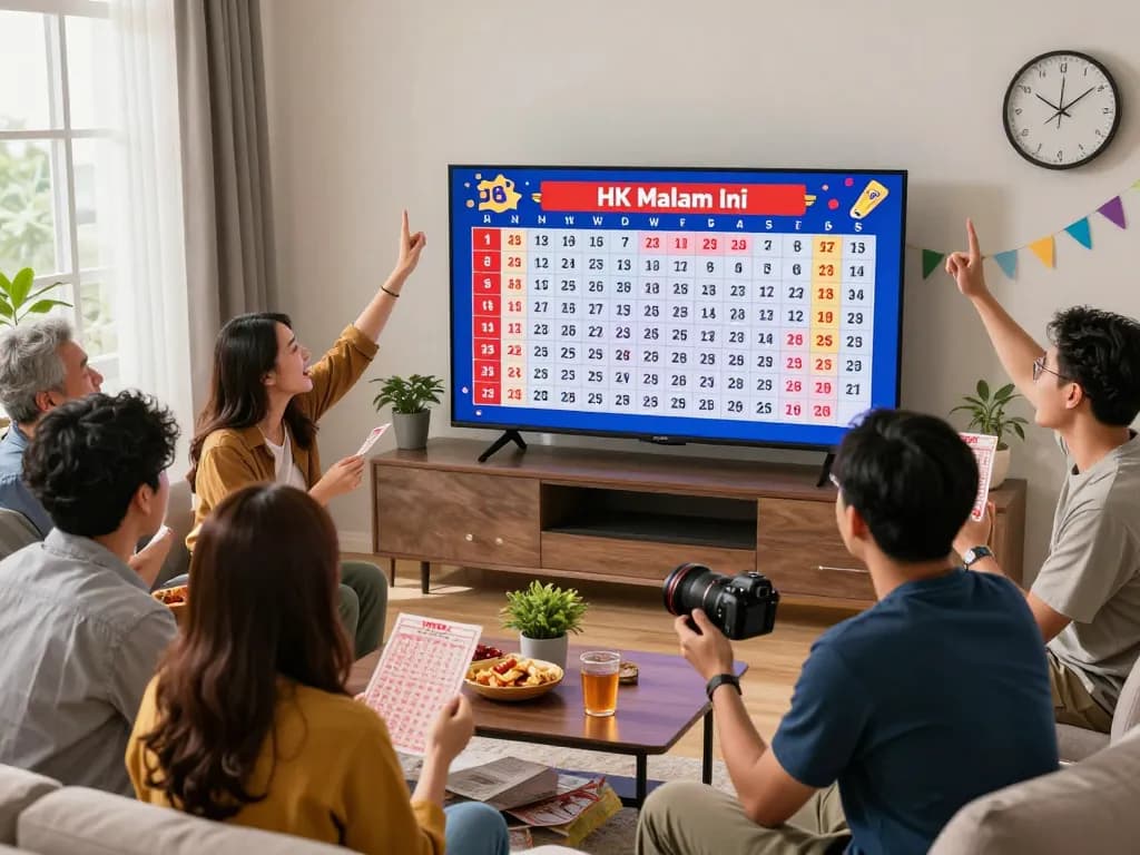 View of excited players watching HK Malam Ini live results with lottery tickets and snacks around.