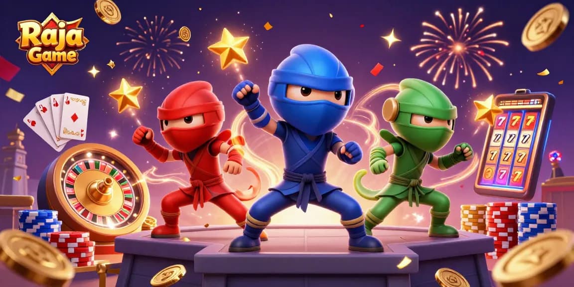 Celebrate wins with Raja Game as the chameleon ninjas engage in a vibrant casino showdown.