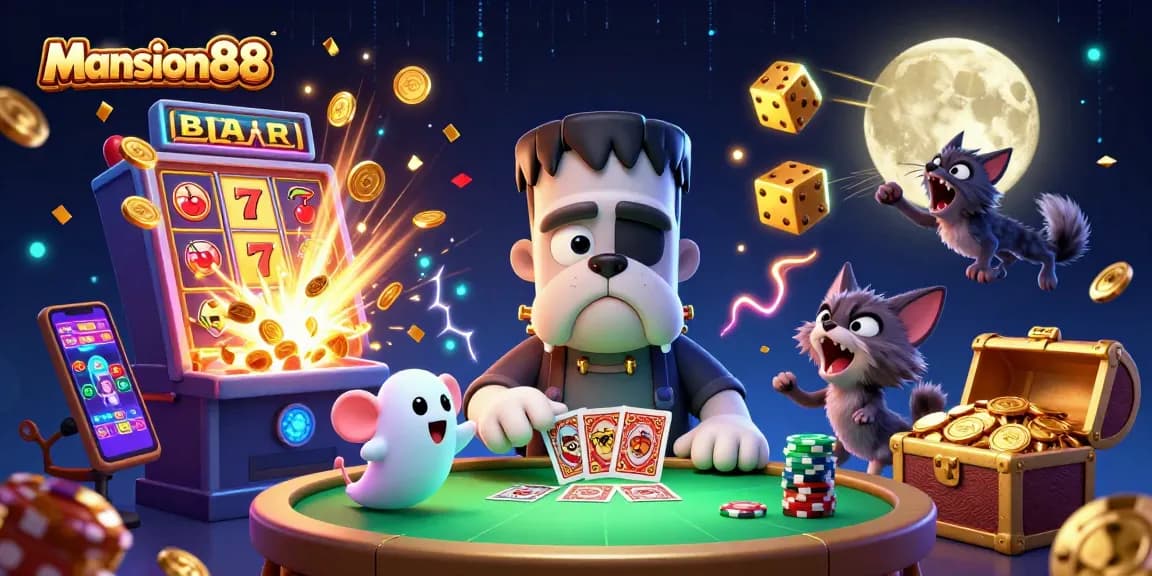 Mansion88 showcases an energetic casino scene with vibrant characters and elements, enhancing online gaming excitement.