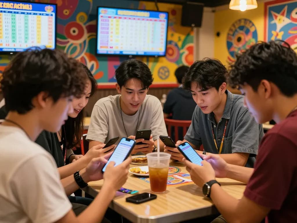Friends checking HK Malam Ini results during a lively togel night.