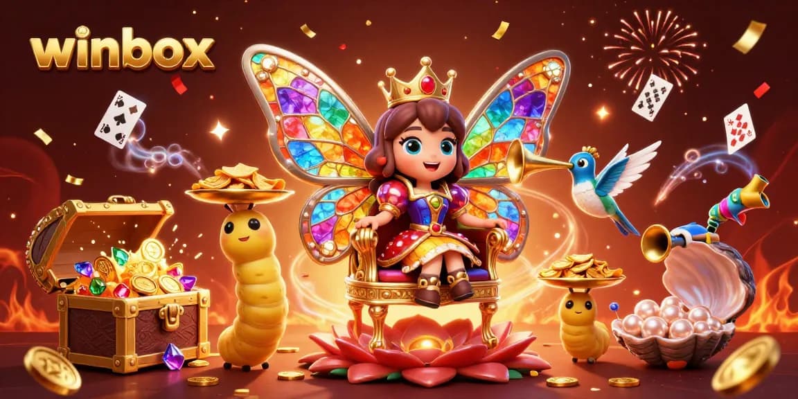 Winbox casino illustration with butterfly queen, treasures, and festive elements in a vibrant scene