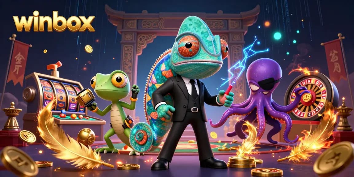 Experience thrilling adventures at winbox through a colorful, dynamic casino illustration featuring slots and games.
