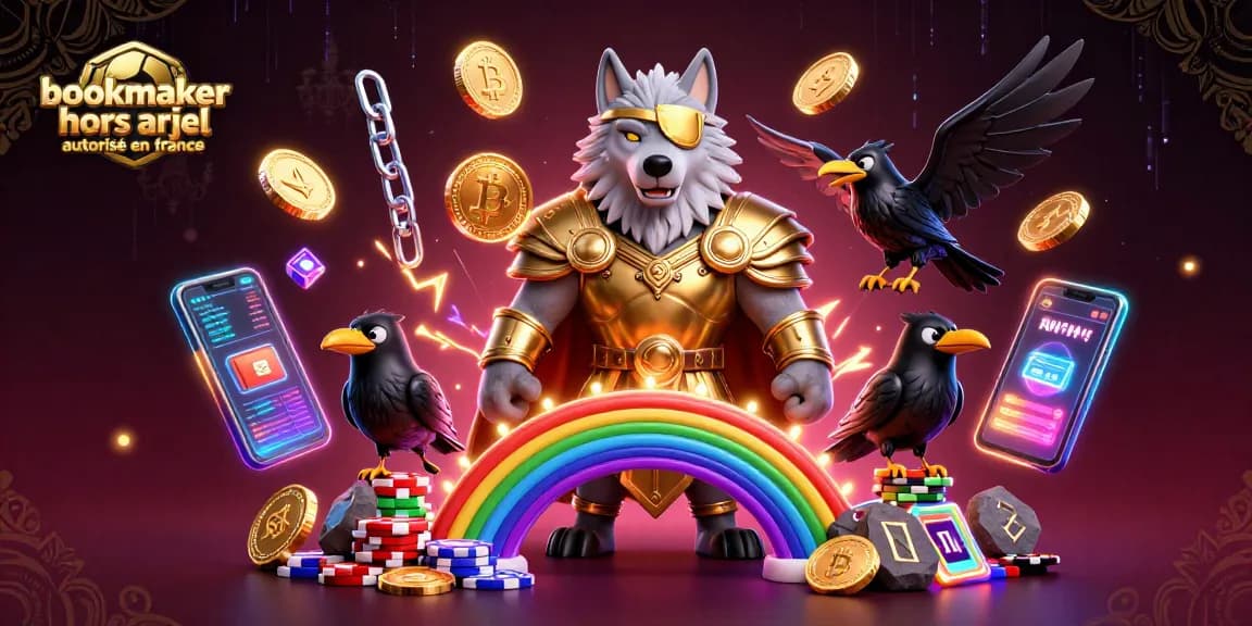 Pariez sur les meilleures options avec bookmaker hors ARJEL autorisé en France, entouré de jetons de casino et de designs numériques.