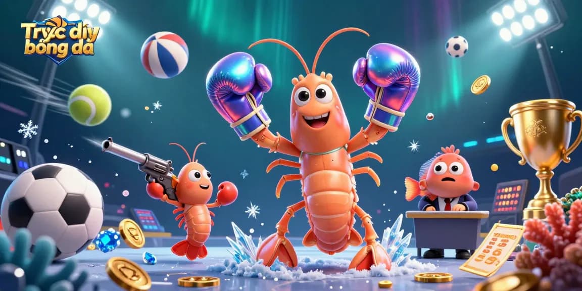 Experience the dynamic action of Trực tiếp bóng đá with animated shrimp in boxing gloves and sports elements.