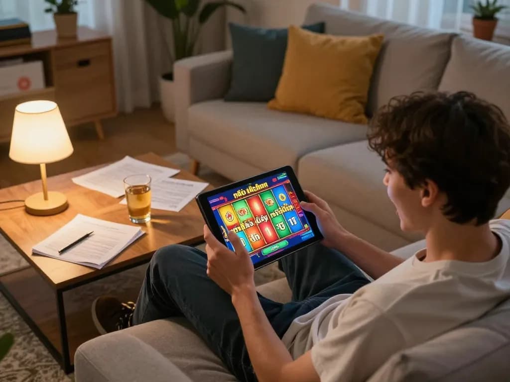 Engaging in nổ hũ đổi thưởng on a tablet in a cozy living room.