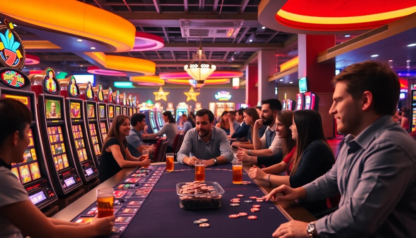 Kenangan4d menghadirkan suasana kasino yang meriah dengan pemain yang terlibat dan slot berwarna.