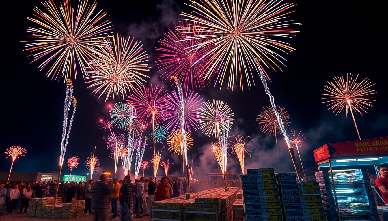 Engaging display of wholesale fireworks lighting up the night sky.