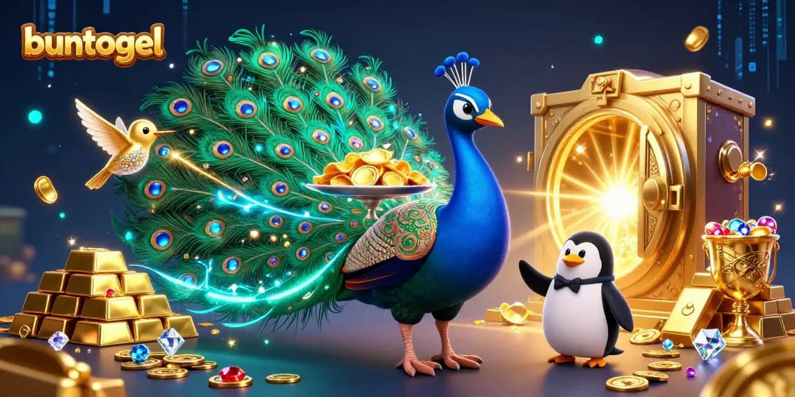 Buntogel showcases a vibrant casino scene with a peacock, penguin, and hummingbird amidst treasures.