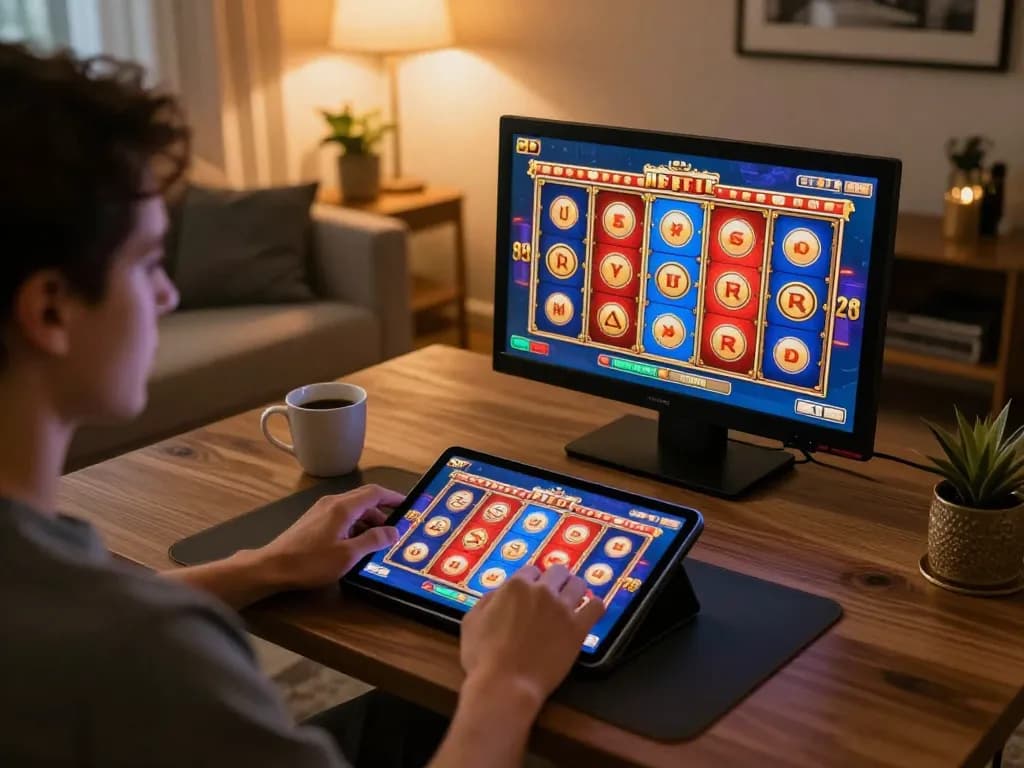 Engaging in slot depo 3k gameplay on a tablet in a cozy setting with warm lighting