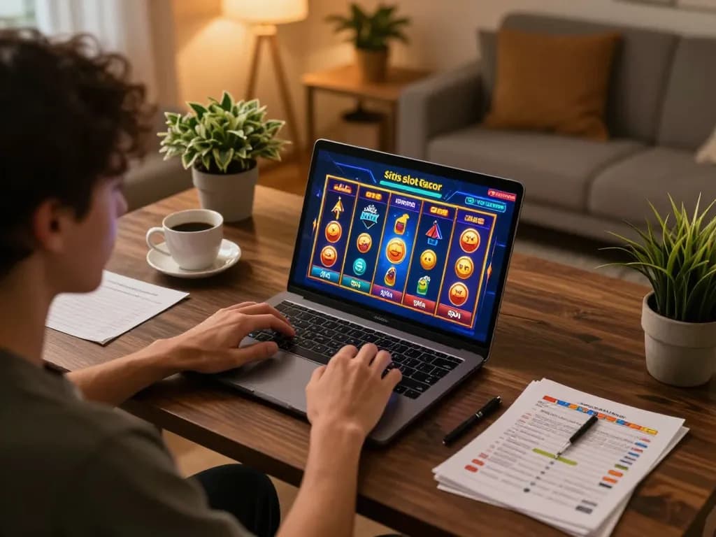 Player engaging with situs slot gacor on a laptop while reviewing betting strategies at home.