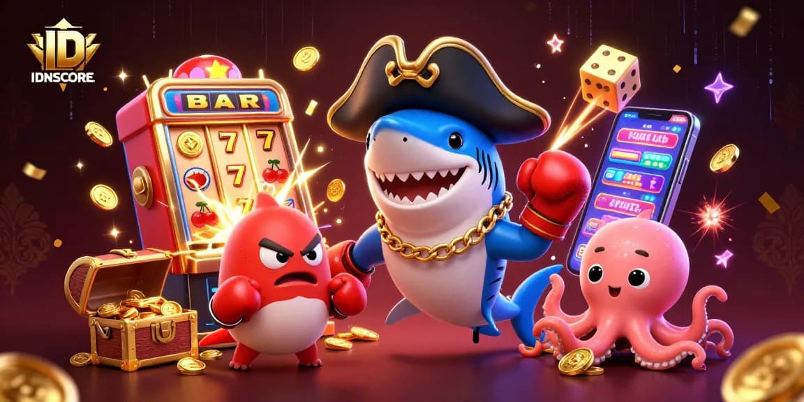 Spin into winning moments at IDNSCORE with the pirate shark and friends in an exciting casino scene.