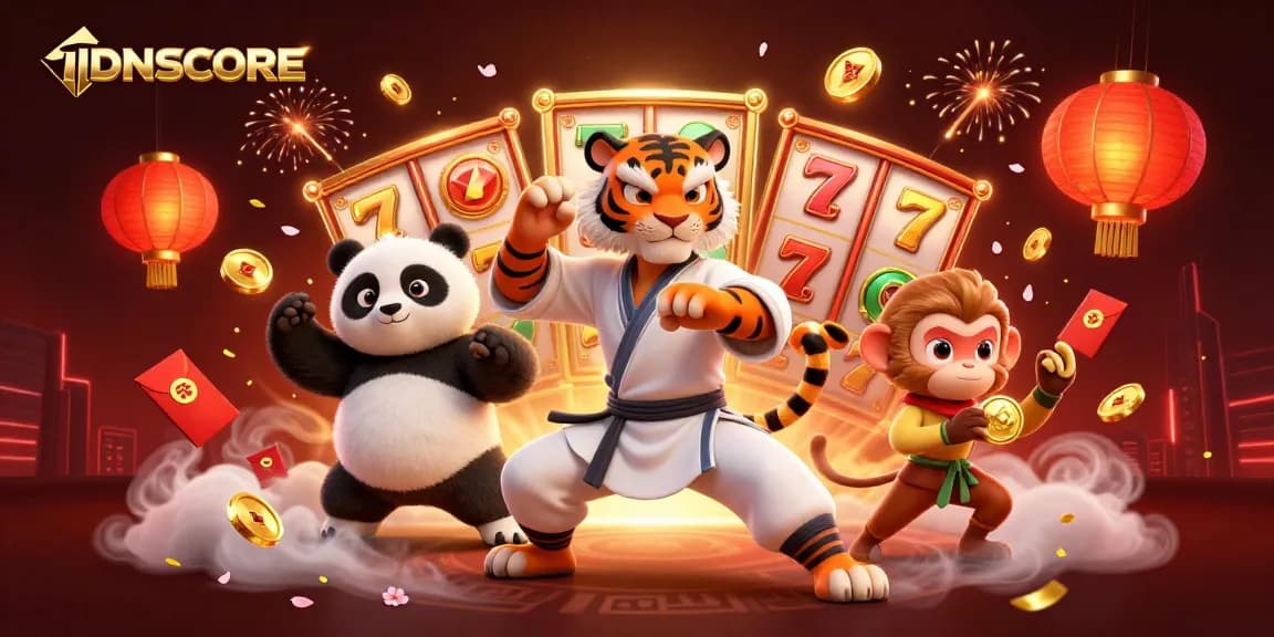 IDNSCORE offers exciting slot gaming with a kung fu theme, showcasing vibrant characters and festive elements.