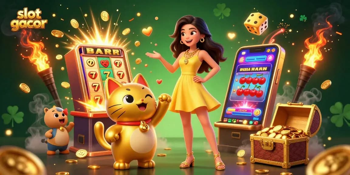 Experience slot gacor excitement with a cheerful woman, lucky cat, and vibrant casino elements.