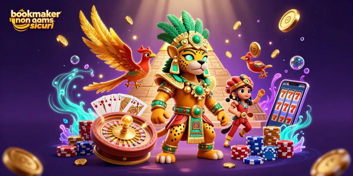 Giocando sui bookmaker non AAMS sicuri, con simboli di fortuna e giochi avvincenti in un'illustrazione vibrante.