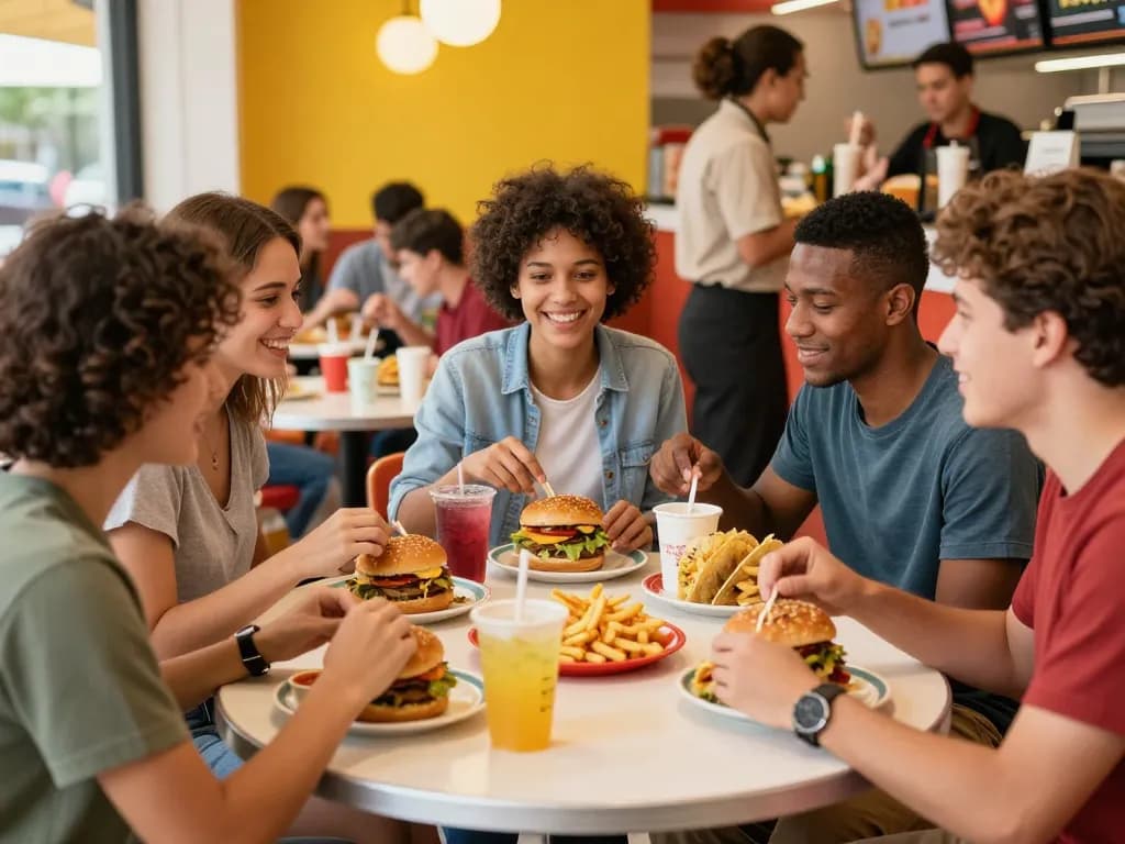 Fast food menu items shared among friends in a lively restaurant setting