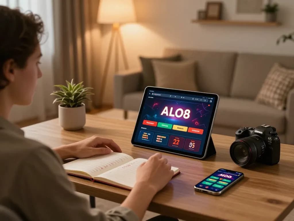 Player enjoying online games on ALO8 app at home, surrounded by strategies and relaxing ambiance.