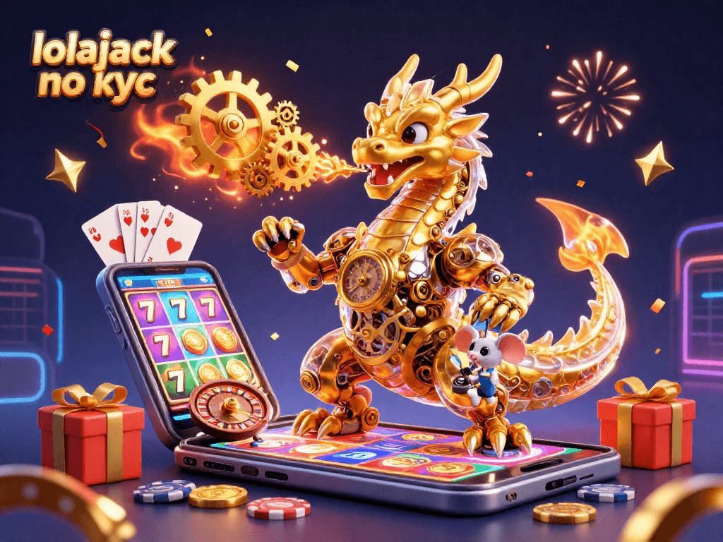 Engage with gaming excitement at lolajack no kyc, featuring a golden dragon and dynamic casino elements.