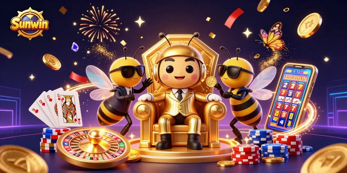 Experience the excitement of Sunwin with a lively illustration of a casino scene featuring vibrant characters and dynamic game elements.