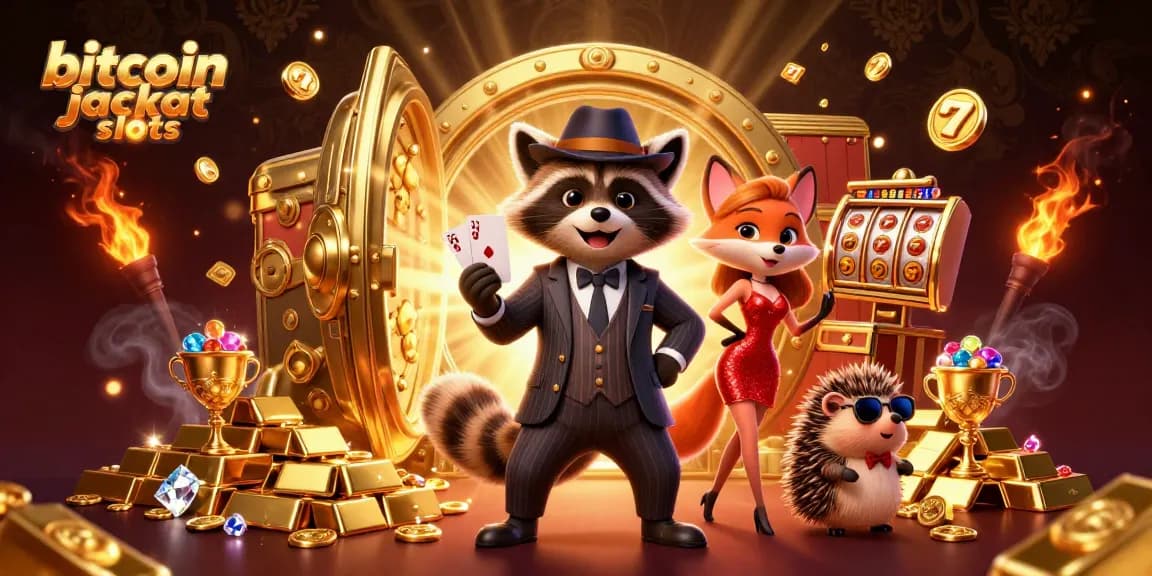 Engaging scene of bitcoin jackpot slots featuring a raccoon in a suit, a fox in sequins, and a hedgehog bouncer.