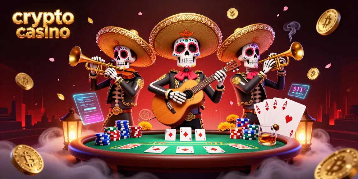 Giocatori in un crypto casino che scommettono e vincono con criptovalute in uno sfondo vivace e colorato.