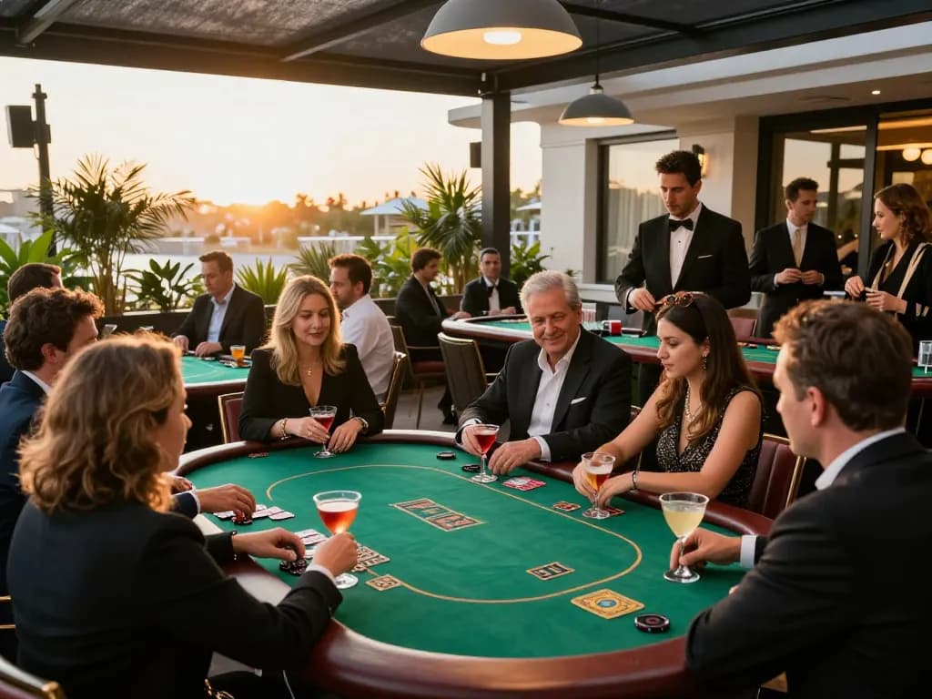 Boca Raton Construction Litigation Lawyer engaging with clients over a poker table in a luxury casino setting.