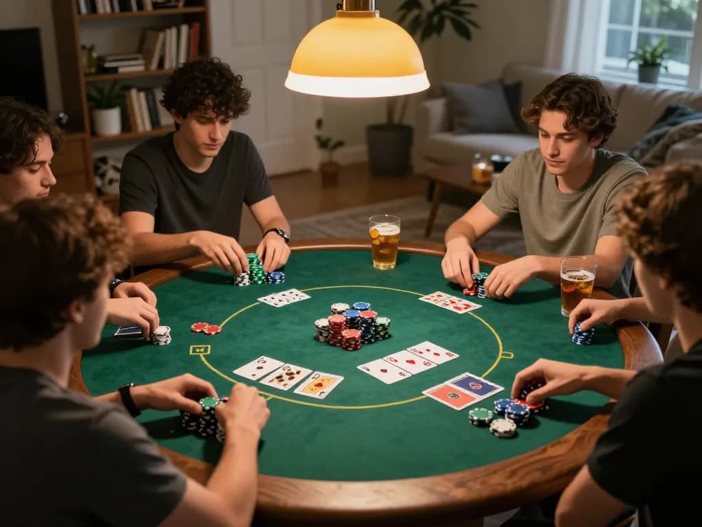 A social poker night with friends playing at home, showcasing 58wiin atmosphere and strategic gameplay.