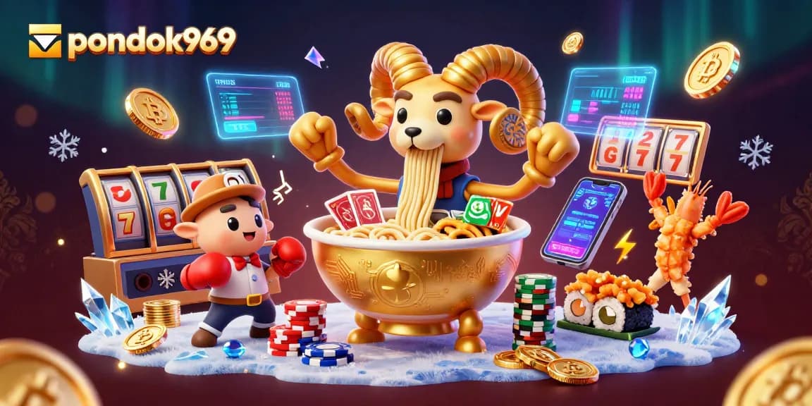 Pondok969 offers an engaging gaming experience with a lively scene featuring a giant ramen bowl dealer, vibrant casino elements, and crypto motifs.