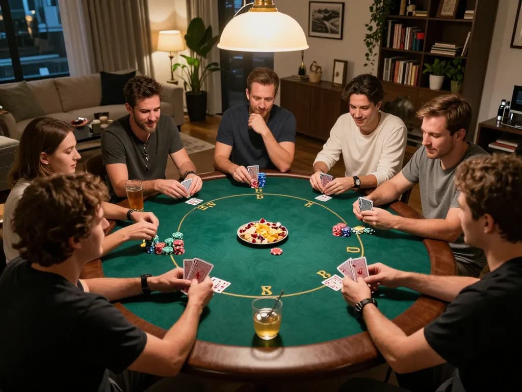 Friends playing togel at a home poker night with cards and chips on the table, creating a lively atmosphere