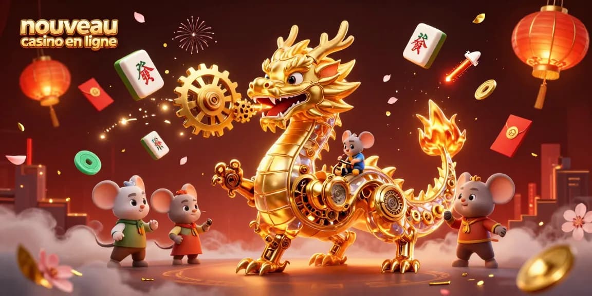 Découvrez le nouveau casino en ligne avec un dragon doré et des éléments festifs.