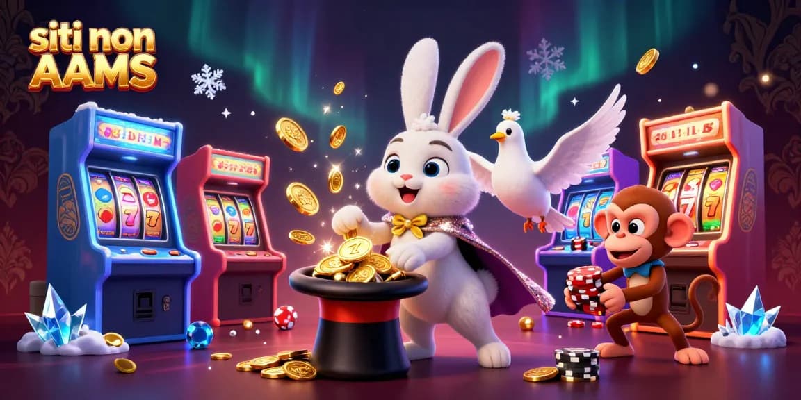 Scena coinvolgente di siti non AAMS con un coniglio magico, una colomba e una scimmia tra elementi vivaci da casinò.