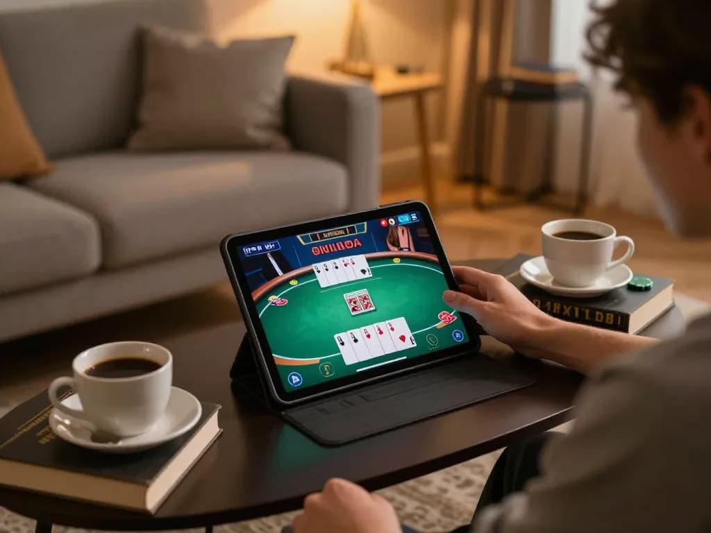 Engaging in poker on lu888 through an elegant tablet setup, highlighting strategic gaming in a cozy atmosphere.