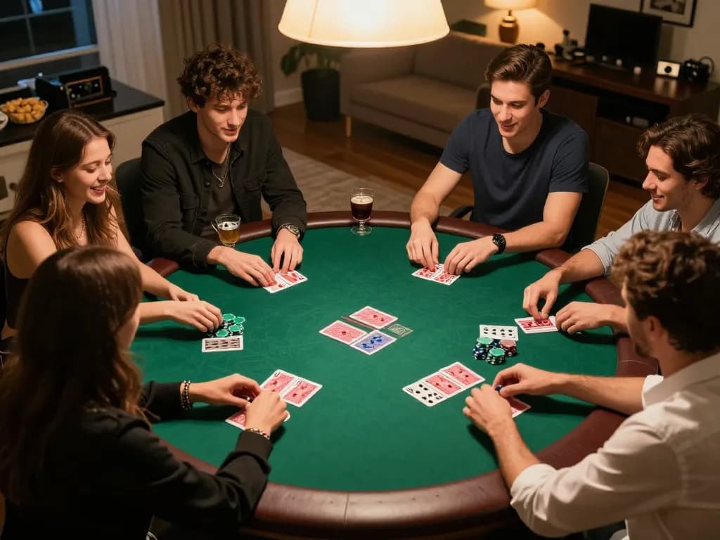 23win poker night scene with friends strategizing over cards and chips at a cozy table.