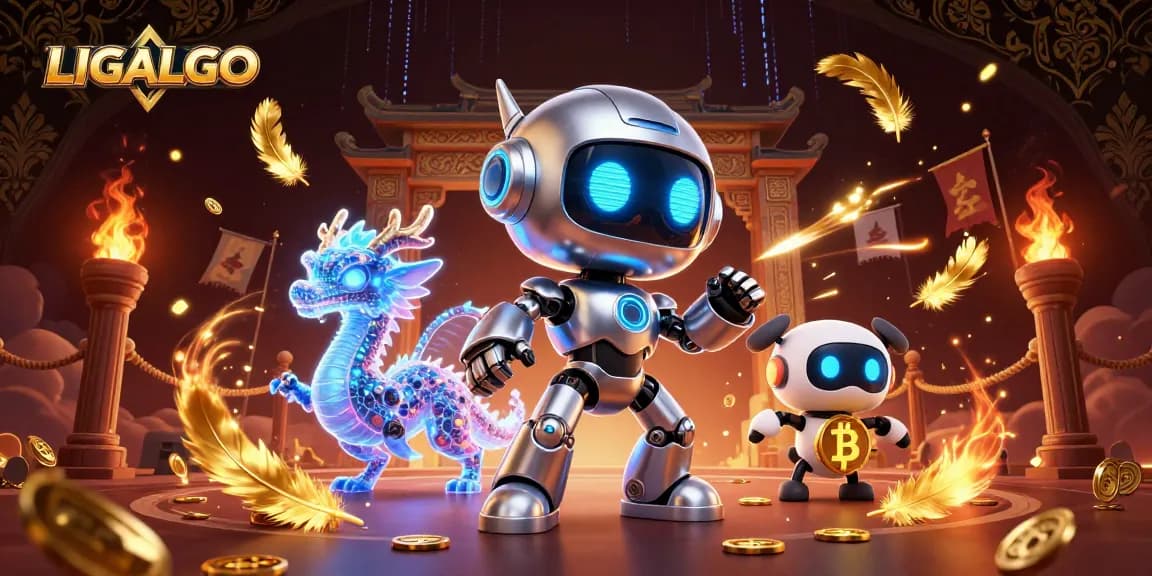 LIGALGO harnesses futuristic gaming with a cyberpunk robot, AI dragon, and bitcoin drone in a vibrant casino environment.
