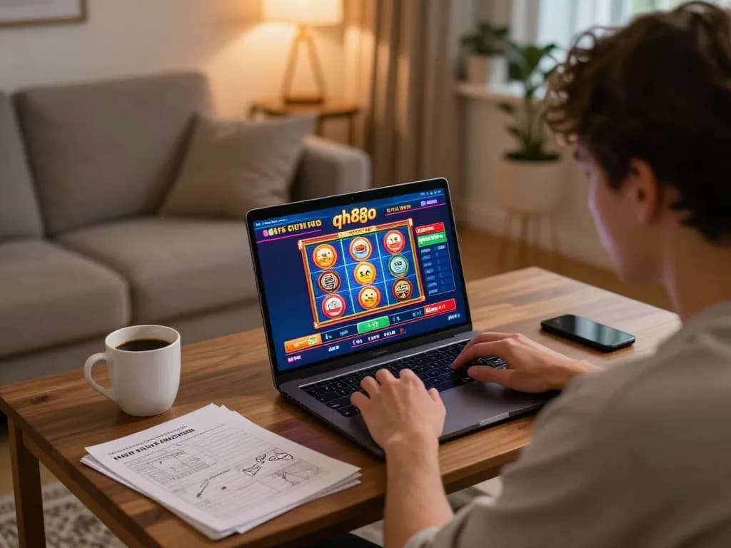 Engaged player using qh88go online casino interface at home, vibrant gaming atmosphere.