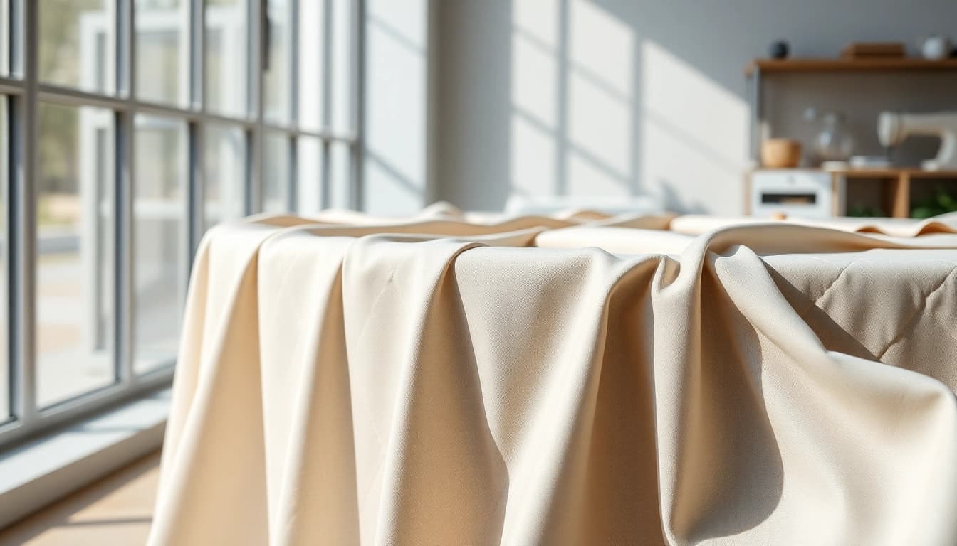Bekijk viscose stof die stijlvol over een tafel valt met natuurlijke verlichting.