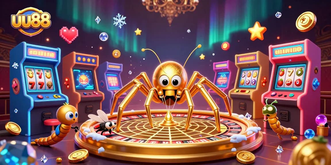 uu88 a 3D golden spider spins a roulette wheel web as a fly nervously bets in a vibrant casino scene