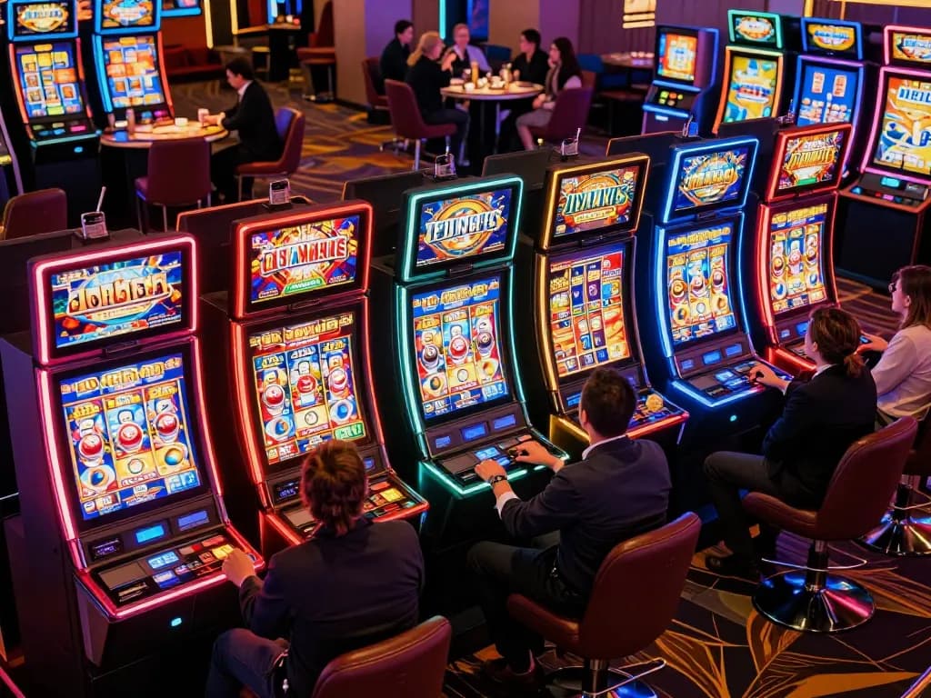 Paito macau players engaging with vibrant slot machines, capturing the thrill of chance in a lively casino environment.
