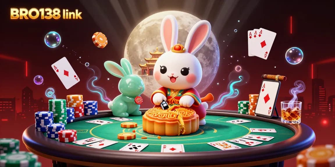 Experience the thrill of BRO138 link with a vibrant 3D moon rabbit casino scene and poker elements.