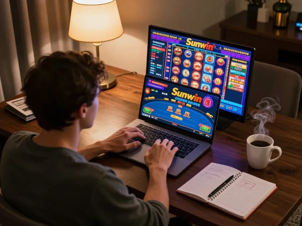 Engaging in Sunwin online casino gaming with vibrant slot machine visuals and strategic notes