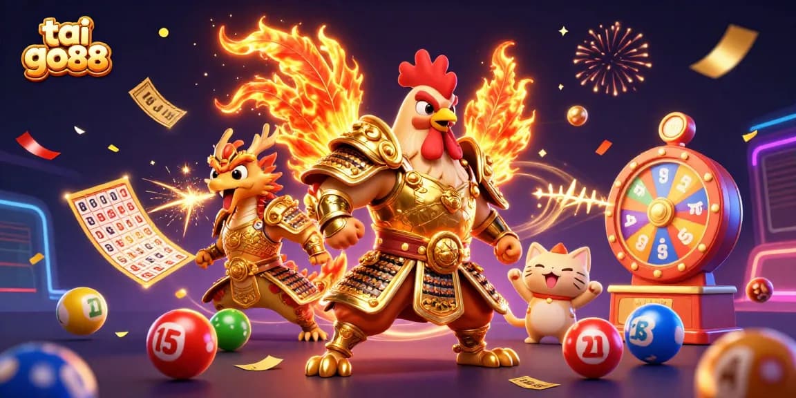 Join the action with tai go88 as a dynamic rooster warrior, dragon hatchling, and fortune cat celebrate in a vibrant casino scene.