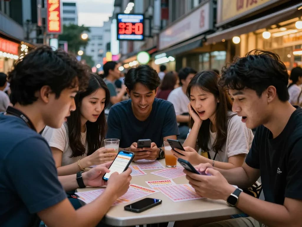 Friends excitedly checking HK Malam Ini Togel results during a lively gathering in an urban setting.