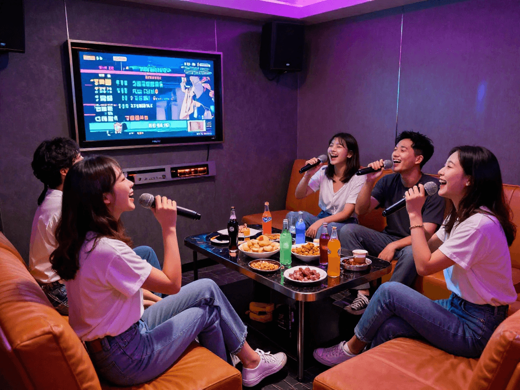 강남 엘리트의 프라이빗 가라오케에서 친구들이 즐거운 시간을 보내는 모습