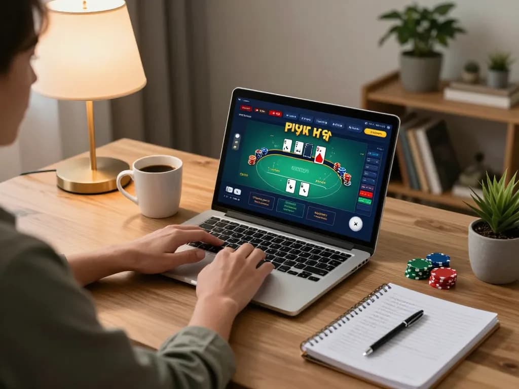 KJC gaming enthusiast strategizing during online poker session in cozy home environment.