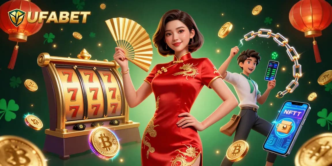 Engage with UFABET's dynamic slot games featuring a confident Asian woman amidst festive gold coins.