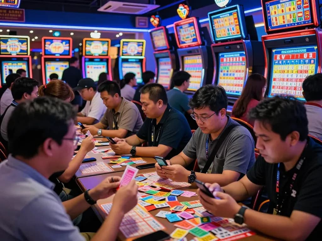Excited players checking HK Malam Ini lottery results in a vibrant gaming hall with digital displays.