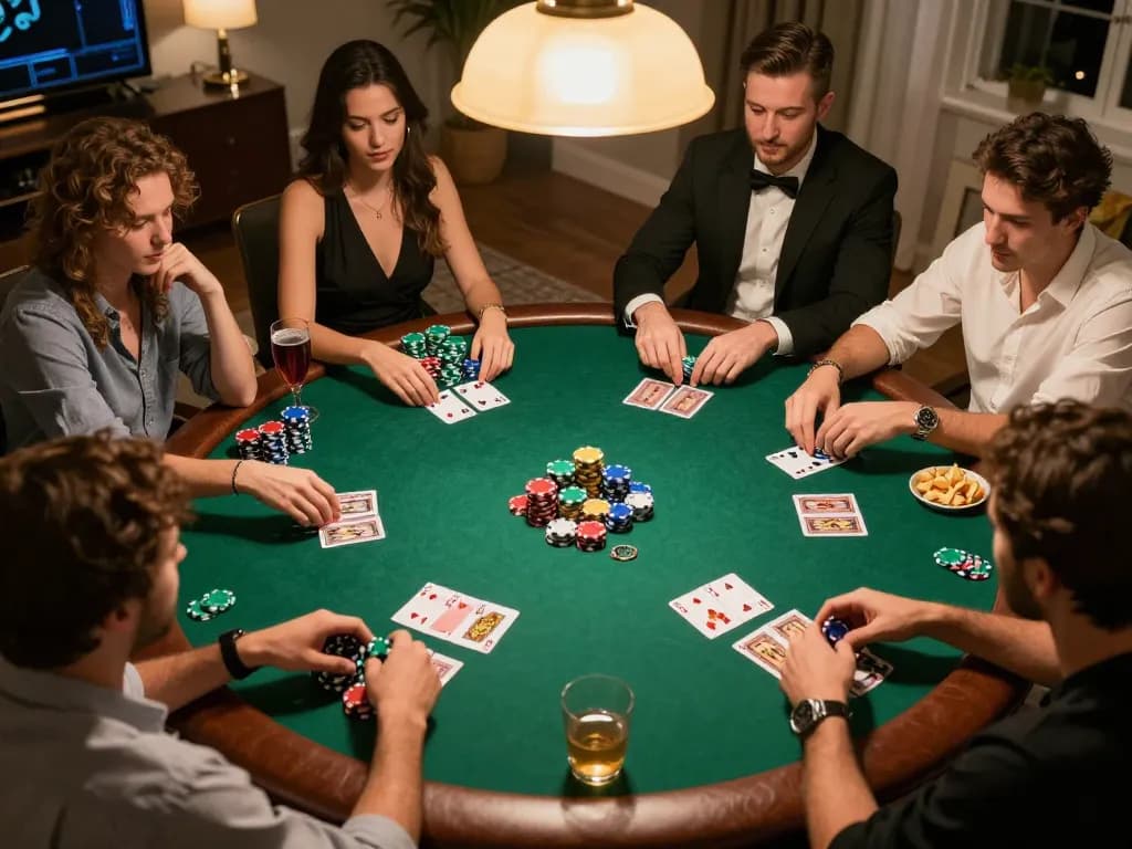 3win poker night with friends enjoying strategic gameplay around a colorful chip table.