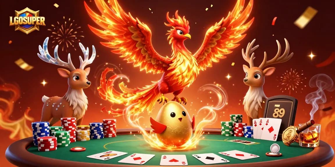 Experience LGOSUPER's vibrant gaming scene with a phoenix soaring and poker elements.