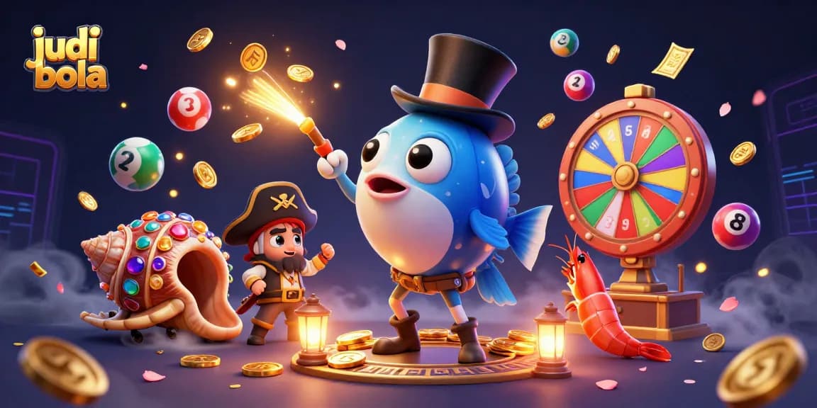 Engage in judi bola with thrilling visuals featuring playful sea characters surrounded by colorful lottery elements and dynamic gaming activities.