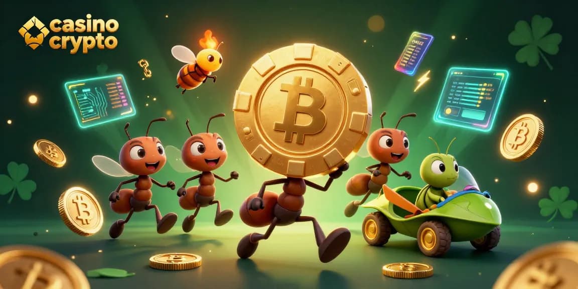 Les joueurs explorent le casino crypto avec des personnages de dessin animé transportant une puce en or.