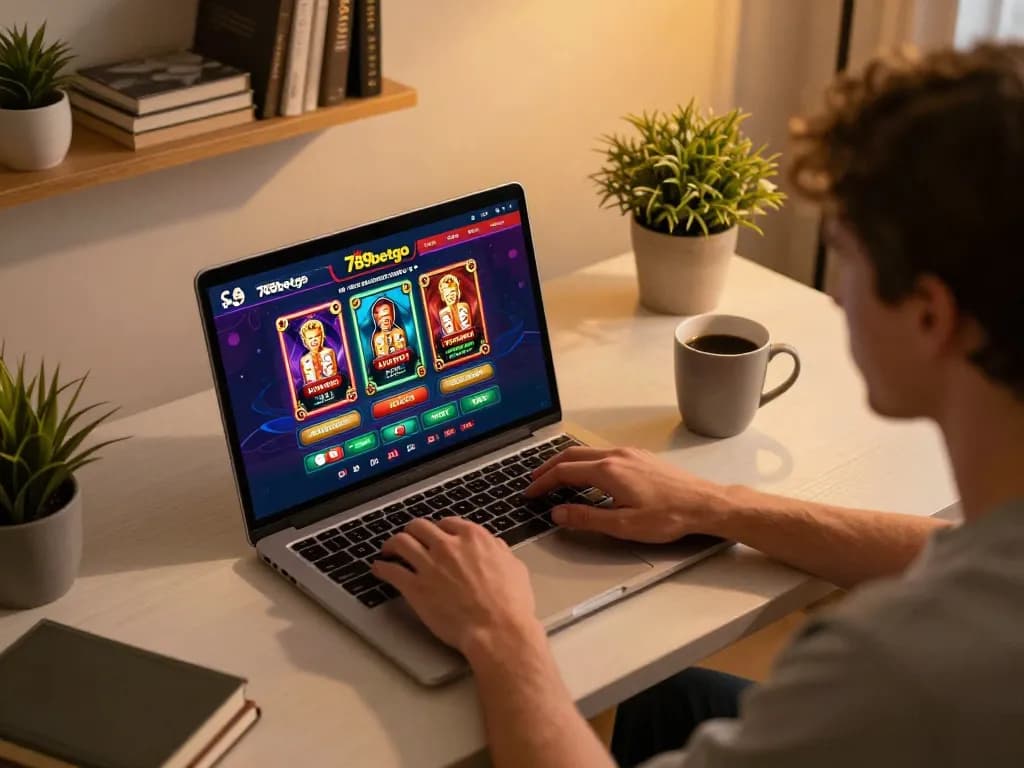 Engaging with 789betgo online casino interface from a cozy home setup, emphasizing responsible gaming.